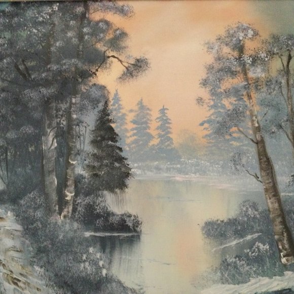 Original oil or acrylic painting canvas framed winter forest & lake snow signed - Picture 2 of 6